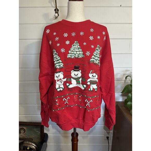 Vintage Holiday Puff Sweatshirt Ice Skating Bears Ugly Christmas Sweater XL - Picture 3 of 14